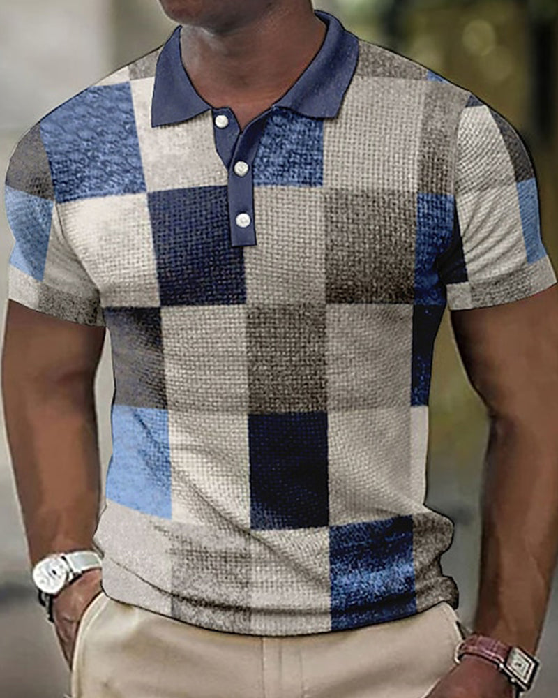 Männer Poloshirt kariert blau grau Baumwolle, modisch, kurzarm, Freizeitkleidung.