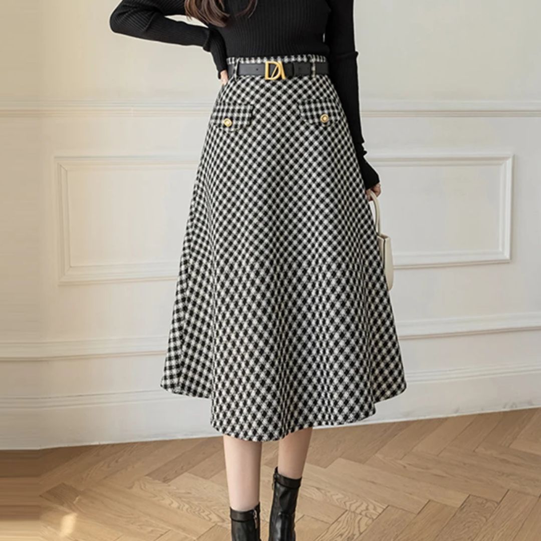 Damen A-Linien-Rock kariert, schwarz-weiß, mit Knöpfen, elegantes Design, Herbstmode.