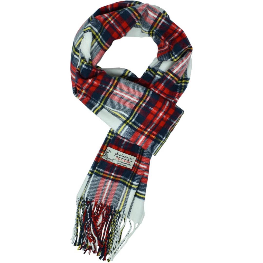 Rot-karierter Wollschal mit Fransen, modisches Accessoire für Herbst und Winter.