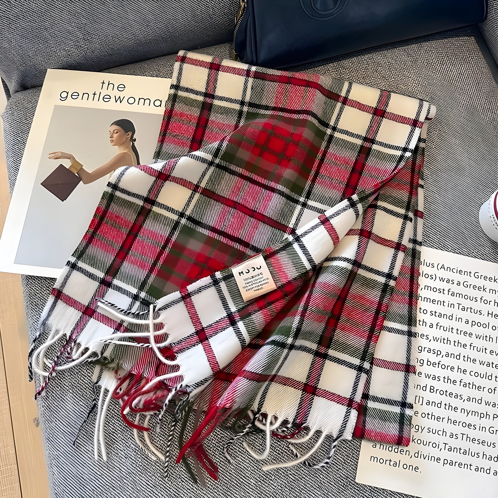Roter karierten Schal aus Wolle auf Sofa, modisches Accessoire, Herbst-Winter-Mode.