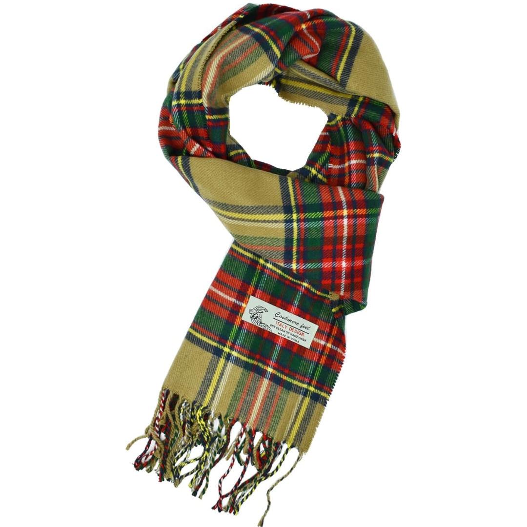 Kariertes Wollschal, rot-grün-gelb, Tartan-Muster, Fransen, Unisex, modisch, warm.