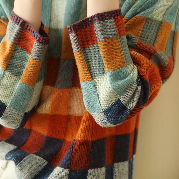 Bunte karierte Strickpullover-Ärmel, Damenmode, Herbst-Winter, weiches Material.