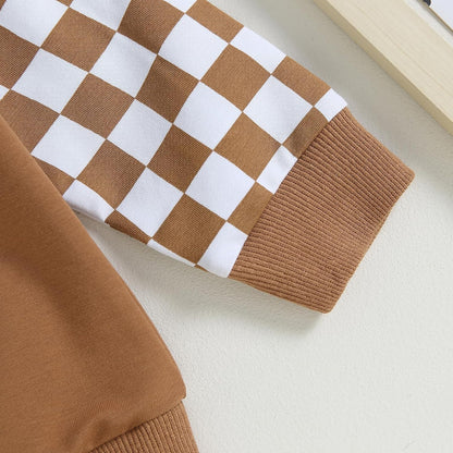 Braun-weiß kariertes Sweatshirt-Ärmel aus Baumwolle, modisch, bequem, unisex.