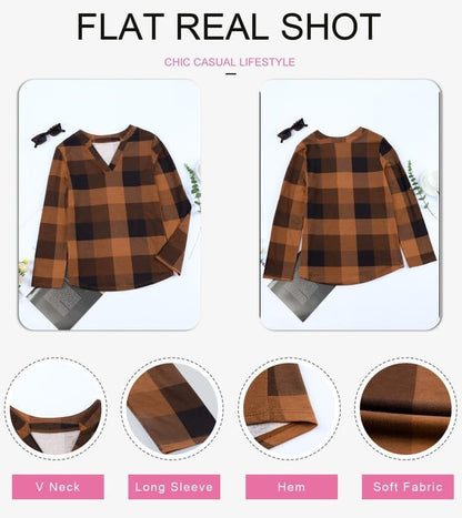Braunes kariertes Langarmshirt, V-Ausschnitt, weicher Stoff, lässiger Stil, Herrenmode.