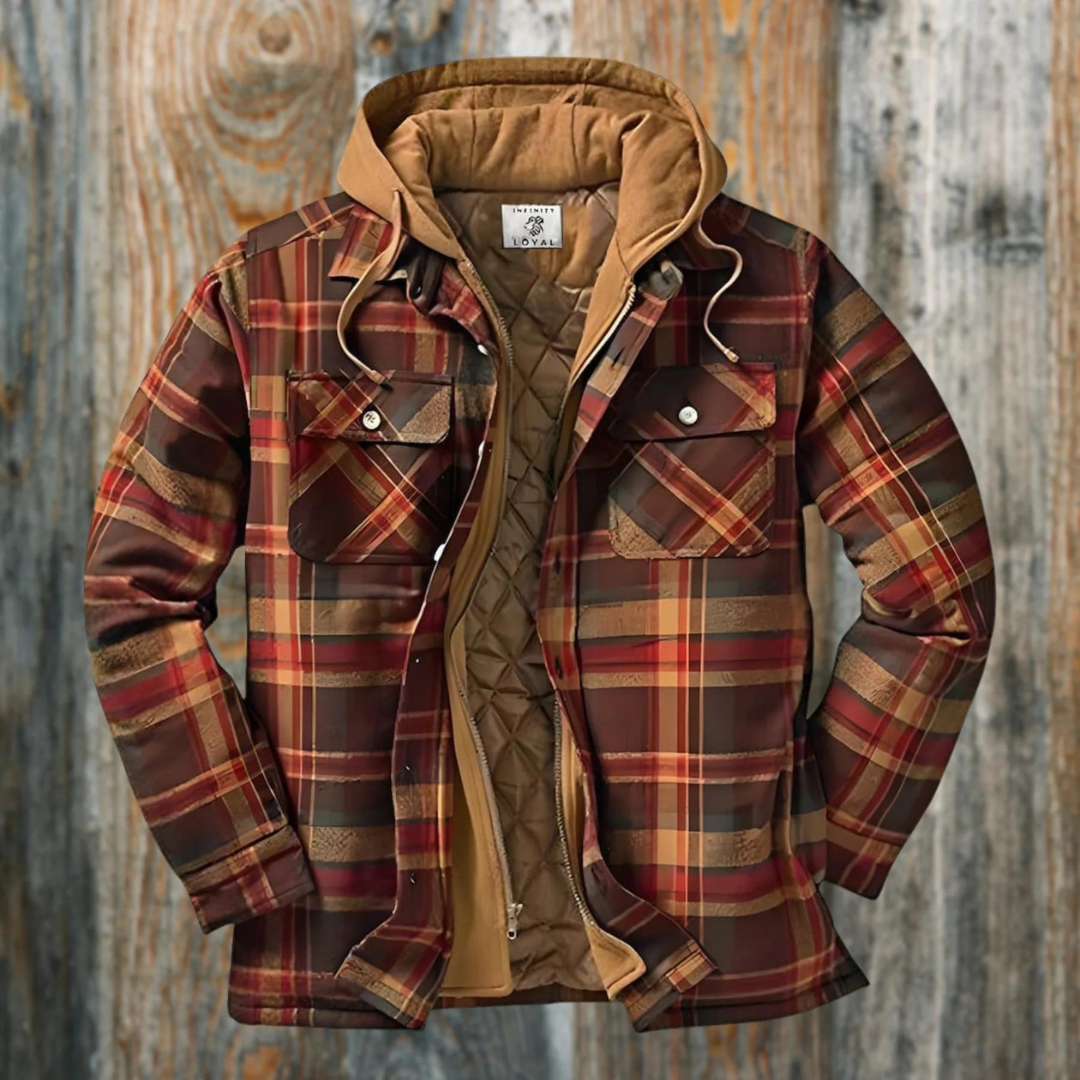 Kariertes Herrenhemd mit Kapuze, rot-braun, Baumwolle, Outdoor-Mode, Herbst-Winter-Stil