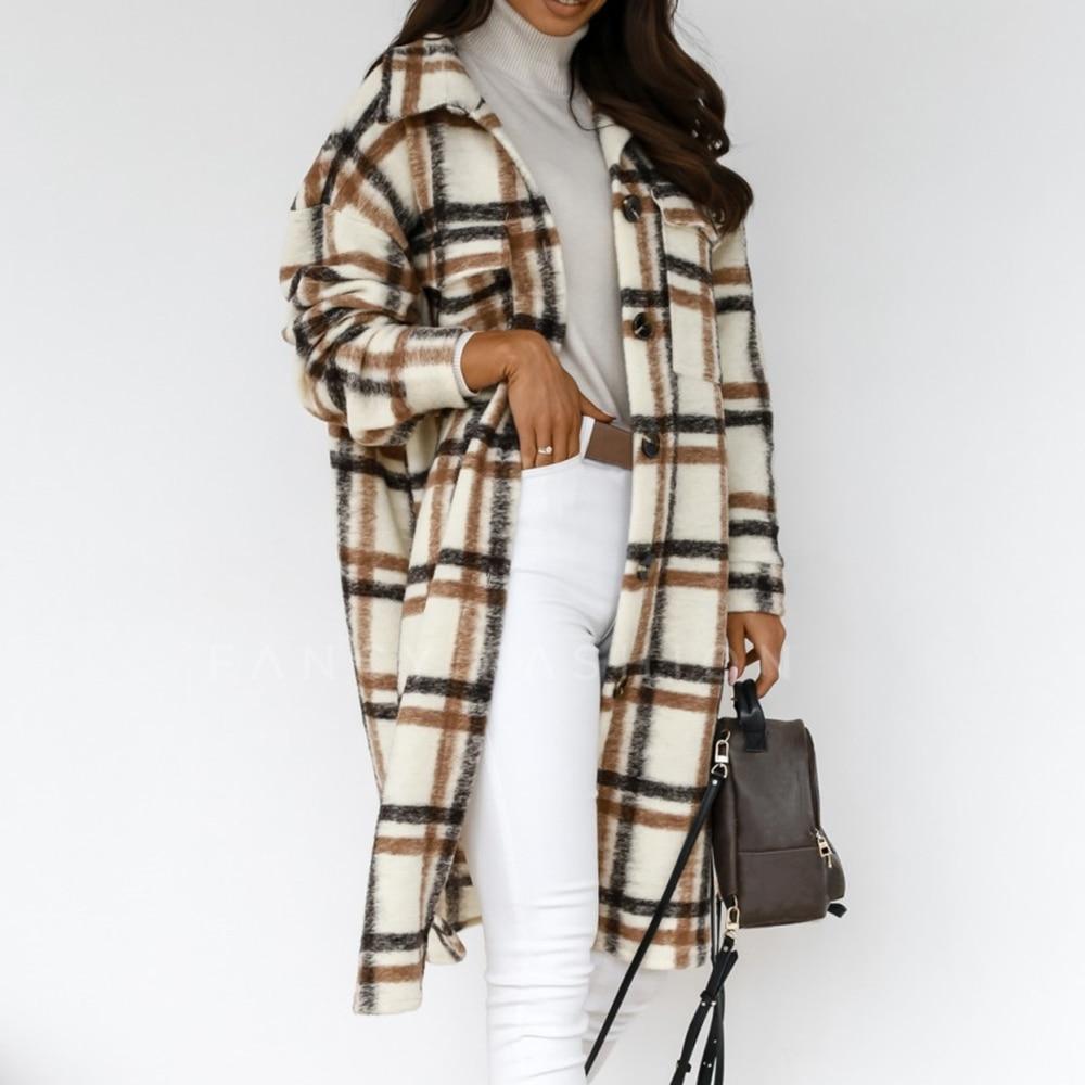 Damenmantel kariert beige-braun, Wollmischung, Herbstmode, lässig, warm, stilvoll.