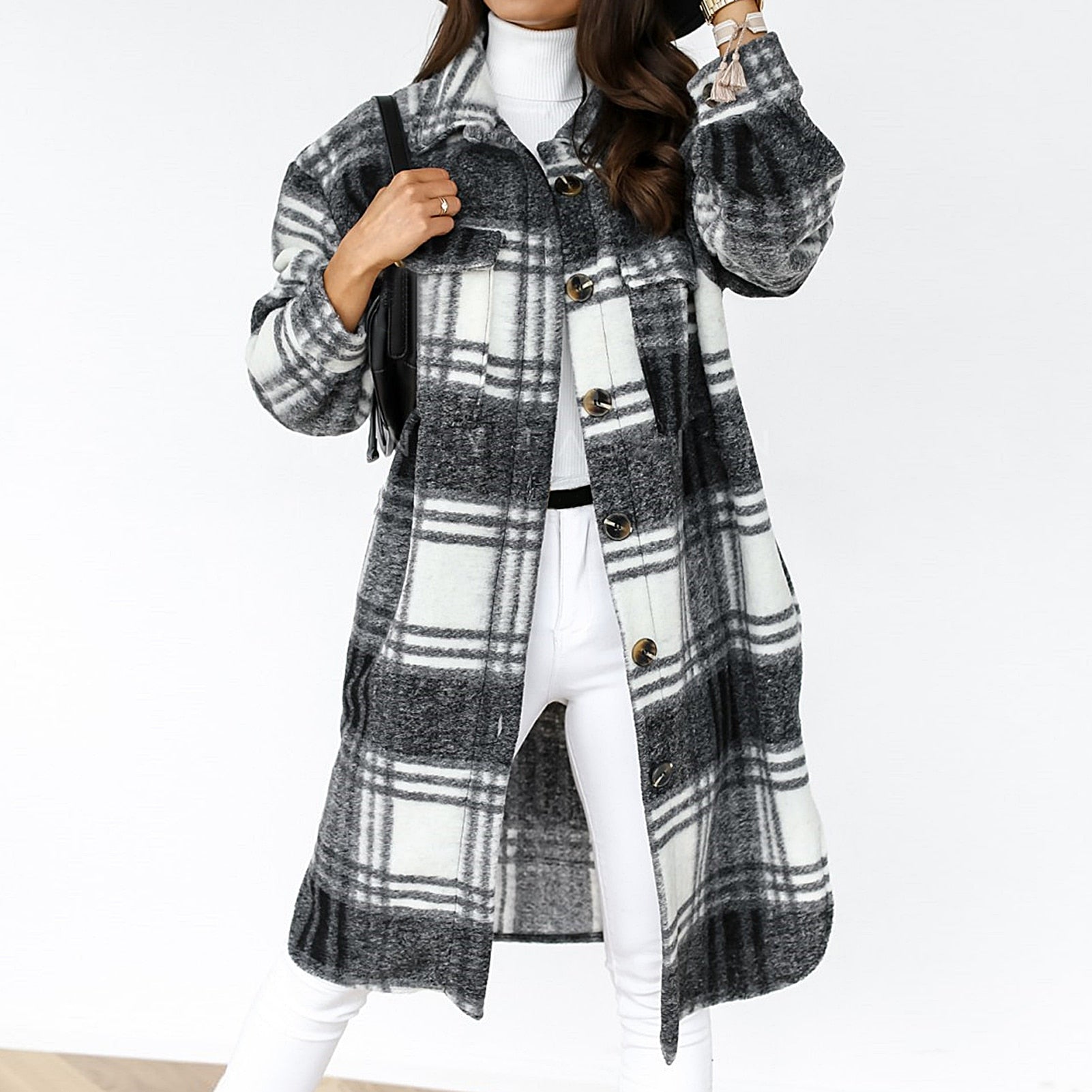 Damen Wollmantel kariert schwarz-weiß, Knopfleiste, modisch, warm, Herbst Winter Kleidung