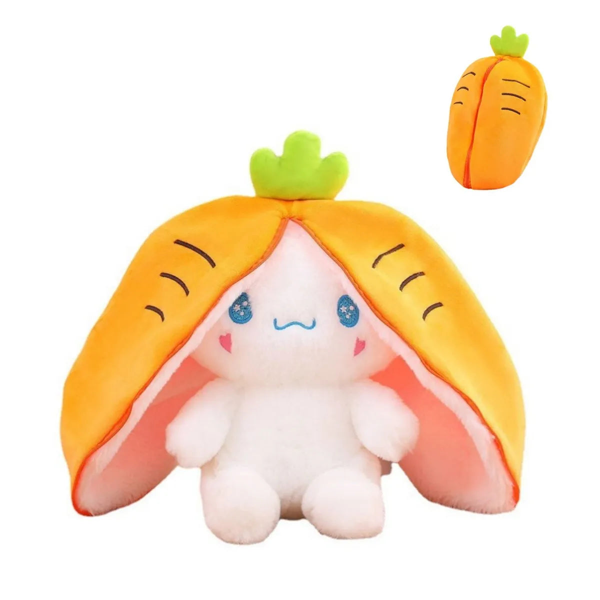 Kawaii Plüschspielzeug, weißer Hase mit Karottenhut, süßes Design, Geschenkidee für Kinder.