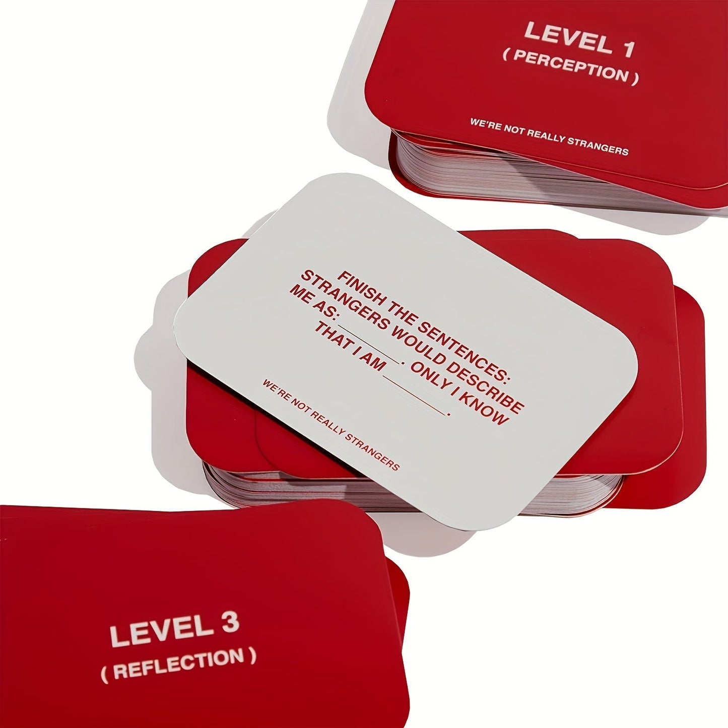 Rotes Kartenspiel "We're Not Really Strangers", Level 1 und 3, Reflexion und Wahrnehmung.