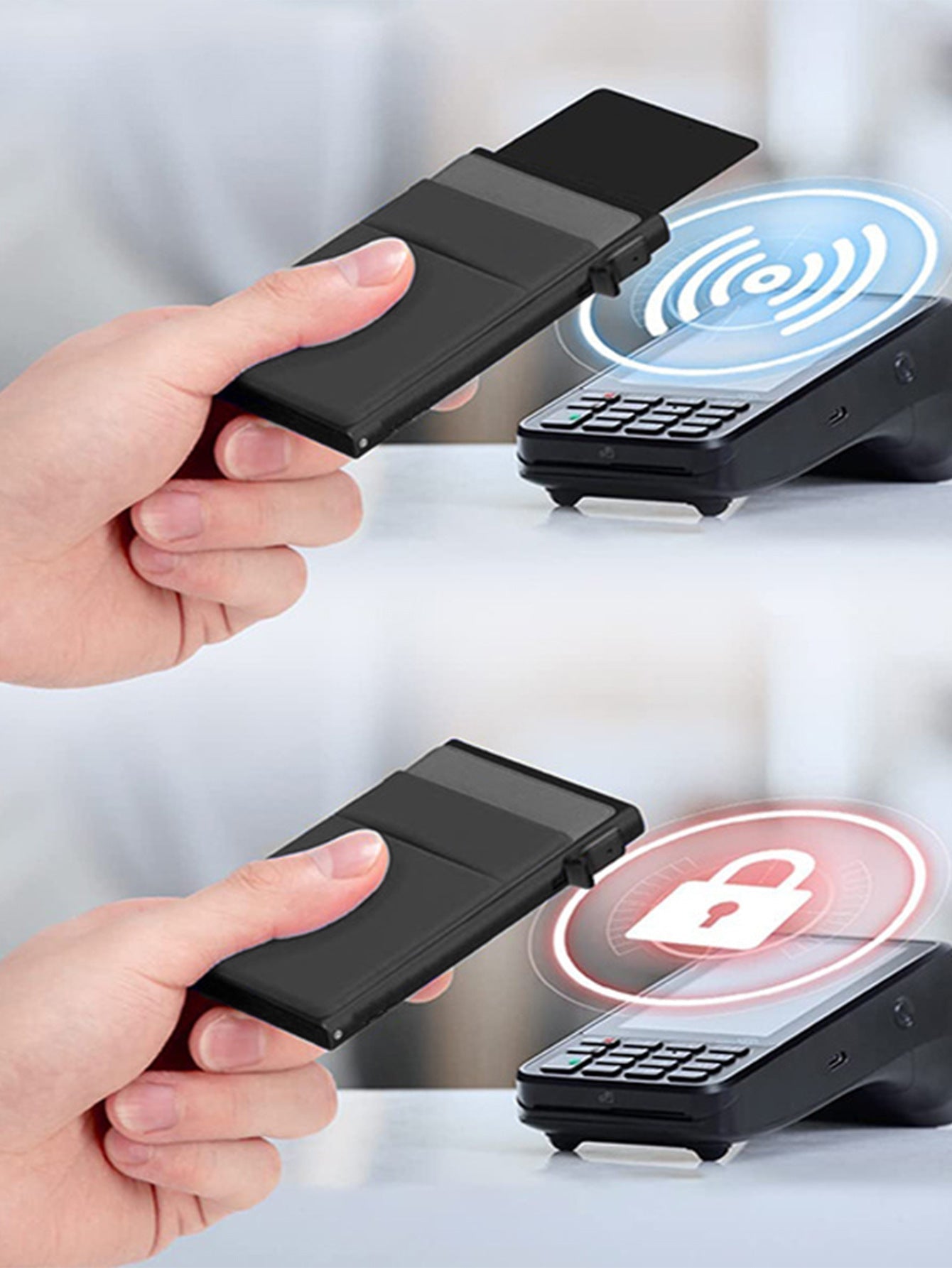 Person hält schwarze RFID-blockierende Brieftasche vor Kartenlesegerät, kontaktlose Zahlung.