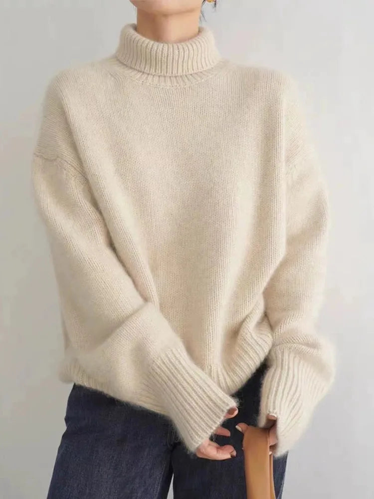 Damen Kaschmirpullover, beige, Rollkragen, Herbst Winter 2023, locker, warm, modisch.