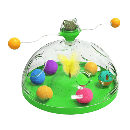 Transparente Katzenspielzeug-Kuppel mit bunten Bällen und Federn, interaktiv, grün.