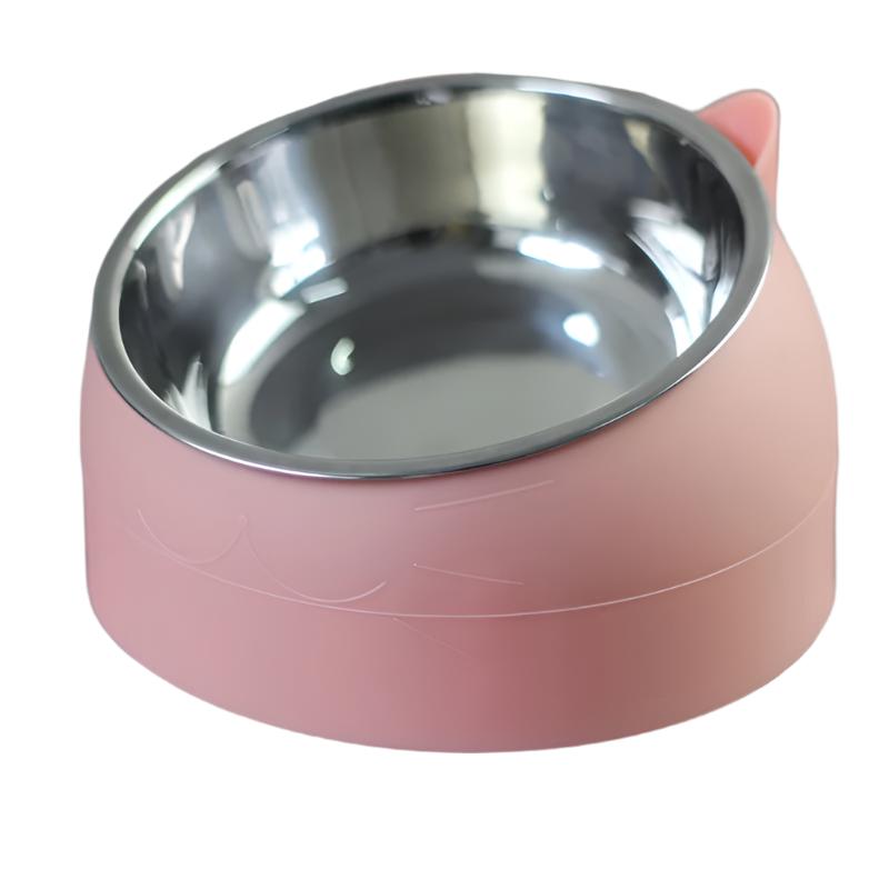 Rosa Katzennapf aus Edelstahl, rutschfest, für Futter und Wasser, modernes Design.