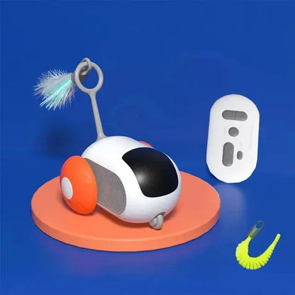 Interaktives Katzenspielzeug, weiß-orange, mit Feder und Fernbedienung, auf blauem Hintergrund.