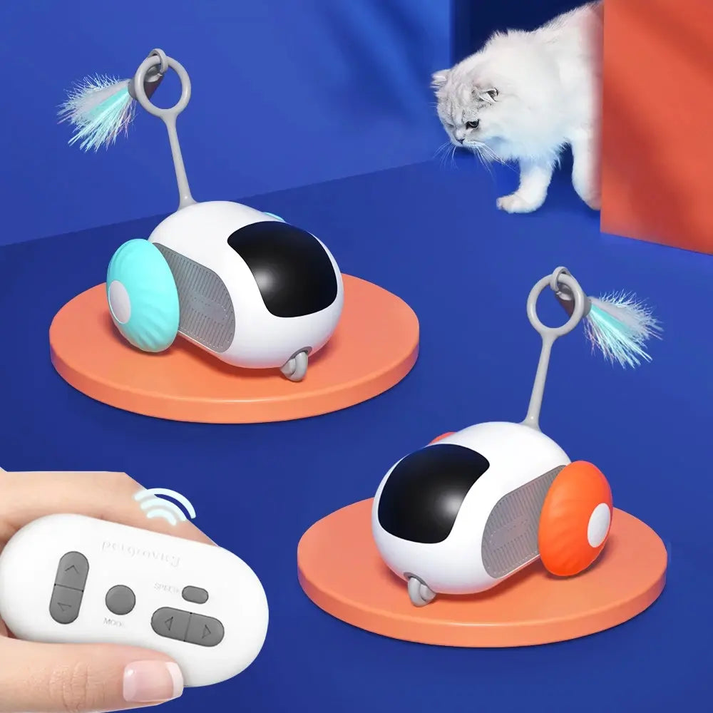 Interaktives Katzenspielzeug mit Fernbedienung, weiß, blau und orange, für Haustiere.