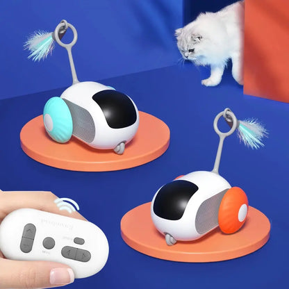 Interaktives Katzenspielzeug mit Fernbedienung, weiß, blau und orange, für Haustiere.