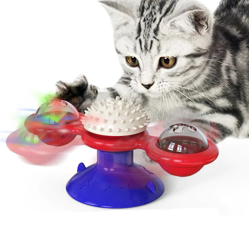 Katzenspielzeug mit Saugnapf, rot-blau, interaktiv, mit drehenden Kugeln und Noppen, für Katzen.