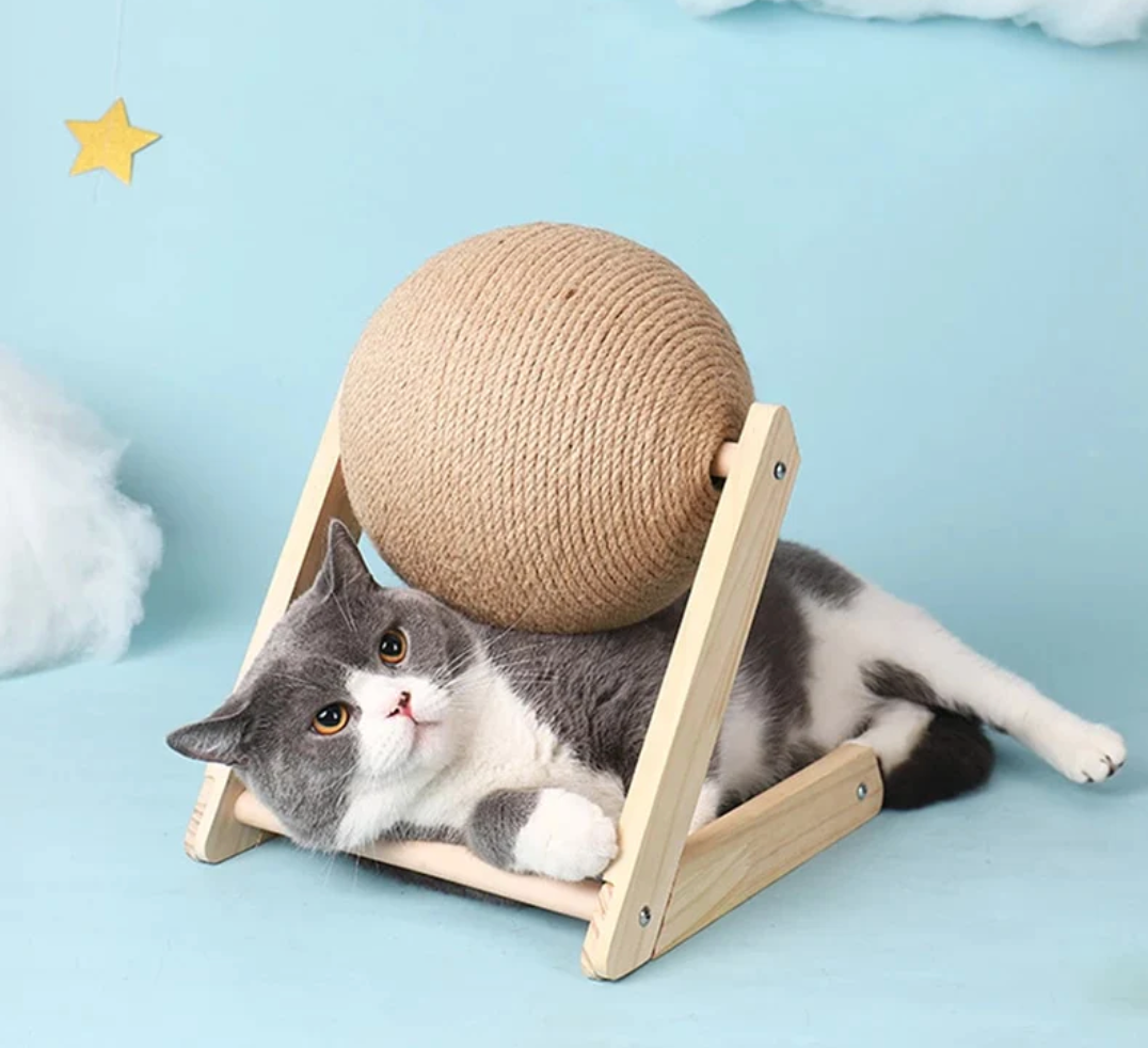 Grauer und weißer Kater spielt mit robustem Kratzbaum aus Holz und Seil, ideal für Krallenpflege.