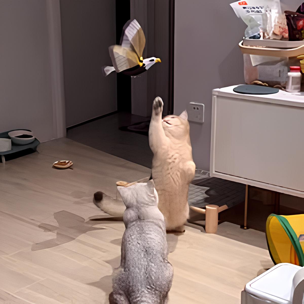 Zwei Katzen spielen mit fliegendem Vogelspielzeug im Wohnzimmer.