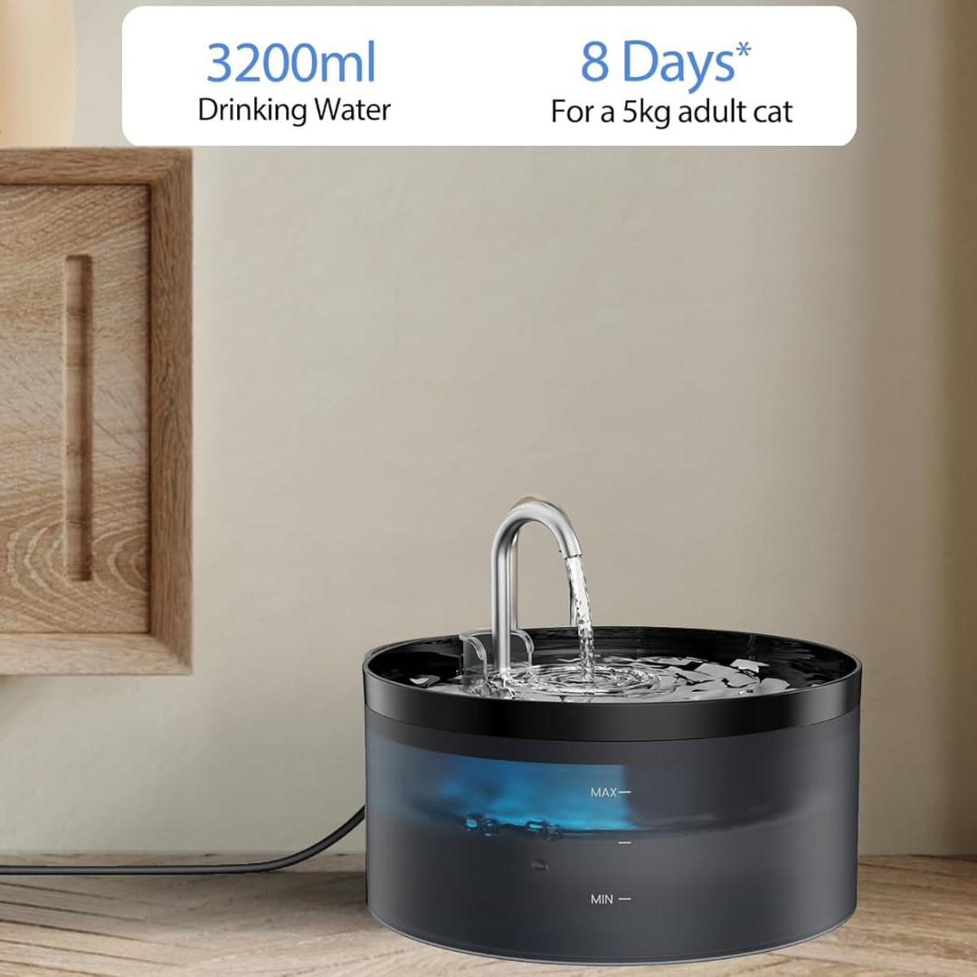 Schwarzer Katzenbrunnen 3200ml, automatischer Wasserspender, leise Pumpe, LED-Anzeige.