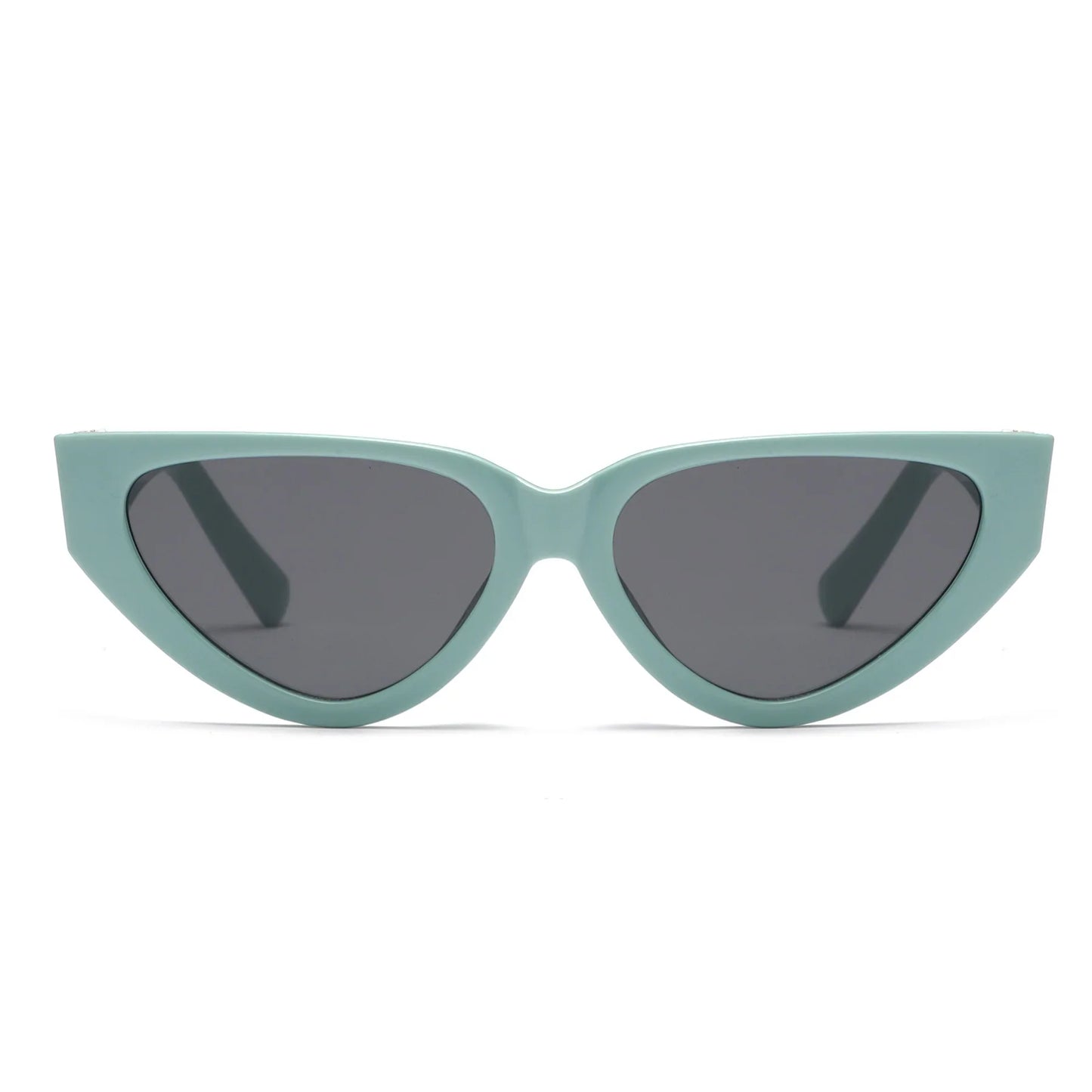 Katzenaugen-Sonnenbrille, mintgrüner Rahmen, dunkle Gläser, modisches Accessoire.