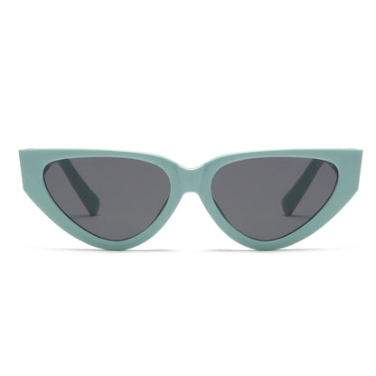 Katzenaugen-Sonnenbrille, mintgrüner Rahmen, dunkle Gläser, modisches Accessoire.