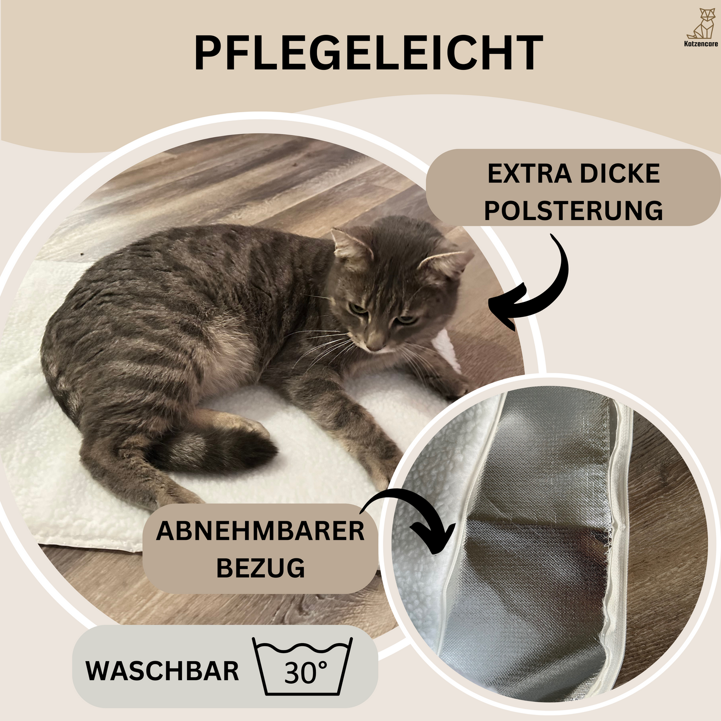 Graue Katze auf waschbarem, abnehmbarem Katzenbett mit extra dicker Polsterung auf Holzboden.
