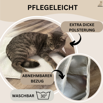 Graue Katze auf waschbarem, abnehmbarem Katzenbett mit extra dicker Polsterung auf Holzboden.