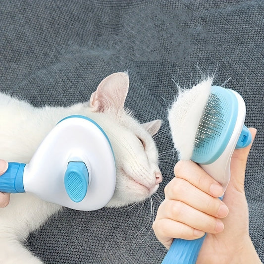 Katzenbürste mit weißem Fell, ergonomischer Griff, blau-weiß, für Haustierpflege.