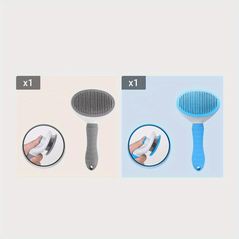 Graue und blaue Haustierbürste mit ergonomischem Griff für Fellpflege.