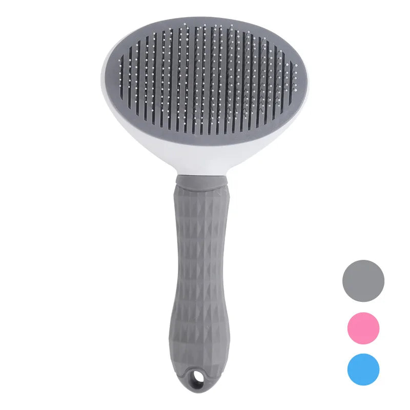 Graue Haustierbürste mit ergonomischem Griff, ideal für Fellpflege von Hunden und Katzen.
