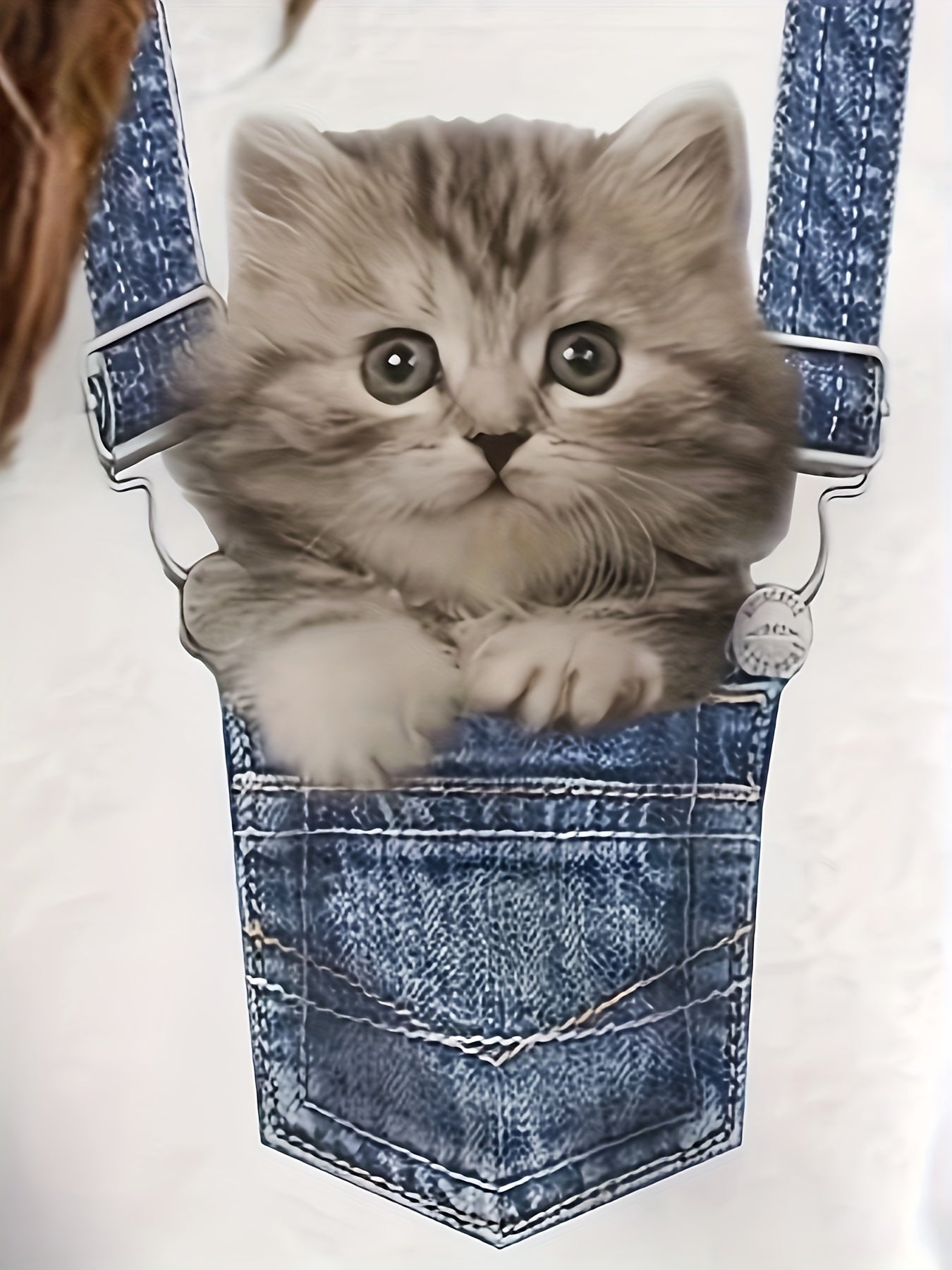 Graues Kätzchen in blauer Jeans-Latzhose, süßes Haustier, Tierfotografie.