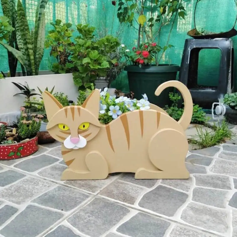 Katzenförmiger Pflanztopf aus Holz, beige, Gartendekoration, Blumenbehälter, Tiermotiv.