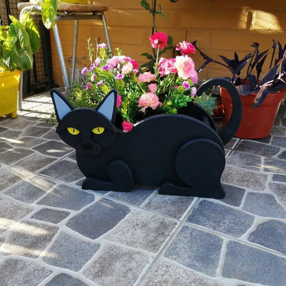 Schwarzer katzenförmiger Blumentopf mit bunten Blumen, Garten-Dekoration, wetterfest.