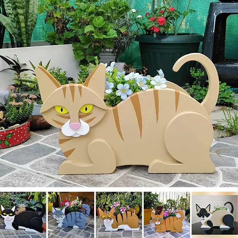 Katzenförmiger Blumentopf aus Holz, beige, mit Blumen, Gartendekoration, DIY Gartenaccessoire.