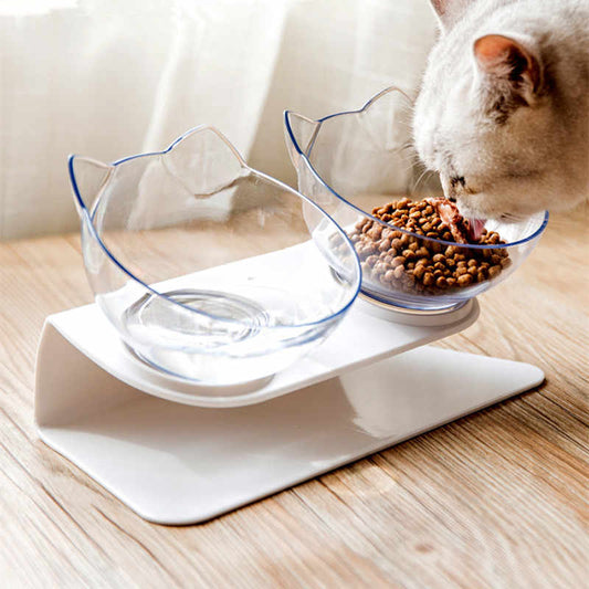 Katzennapf-Set transparent, erhöht, rutschfest, für Futter und Wasser, modernes Design.