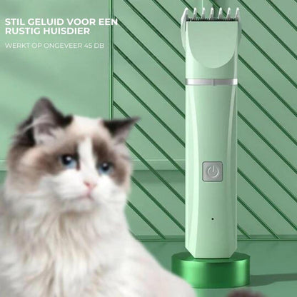 Grüner elektrischer Haustiertrimmer, leise, ideal für Katzenpflege, 45 dB, modernes Design.