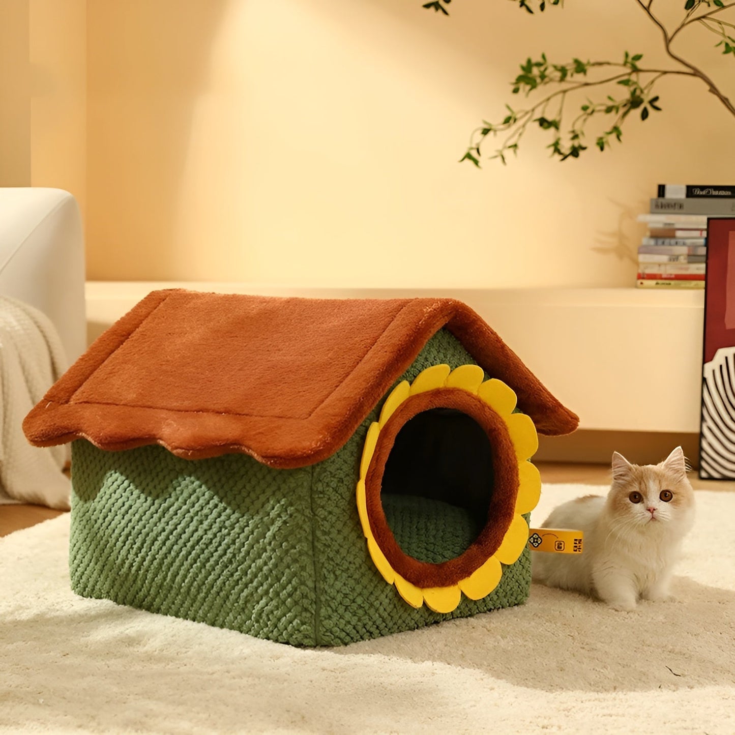Grünes Katzenhaus mit braunem Dach, Plüschmaterial, Indoor-Haustierbett, dekorative Sonnenblume.