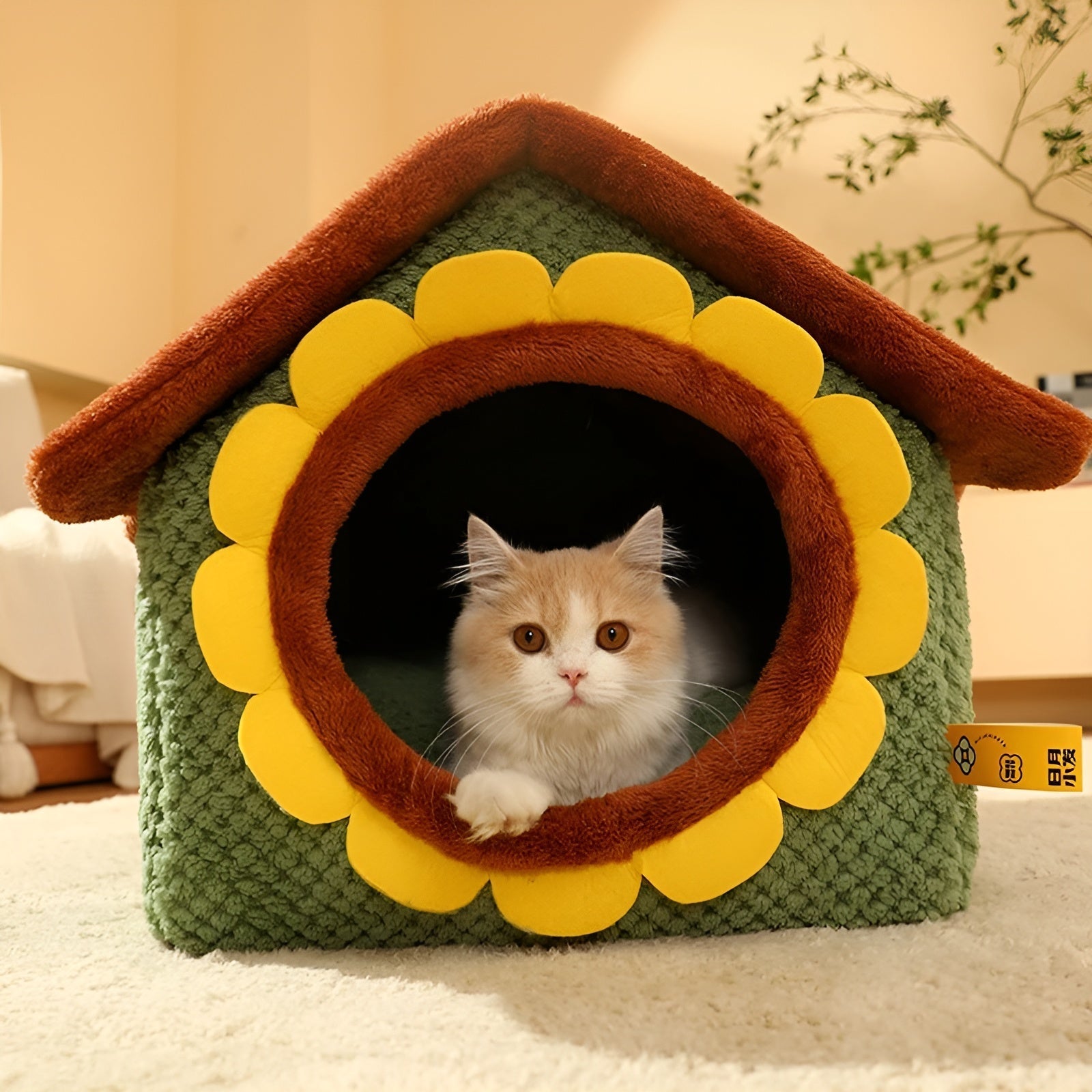 Katzenhaus aus Stoff, grün mit Sonnenblumenmotiv, für Haustiere, Indoor-Schlafplatz.