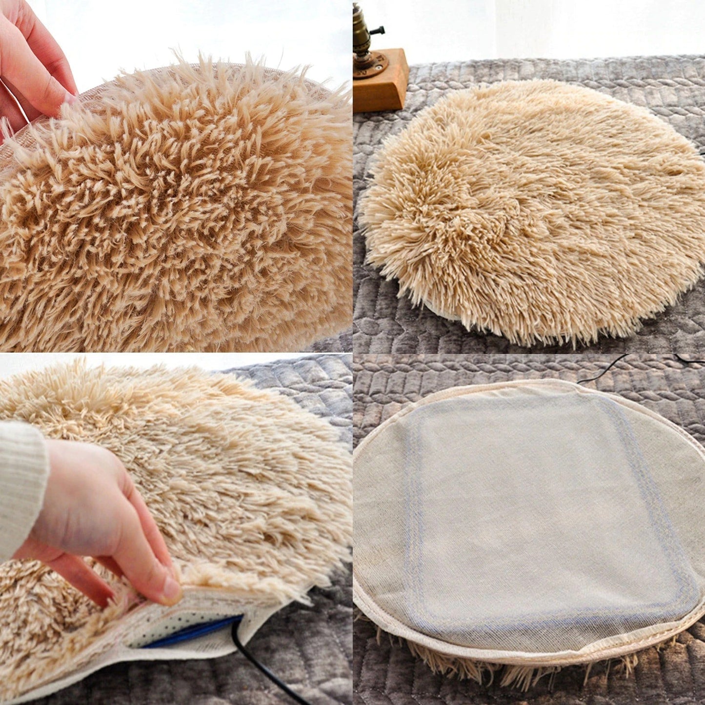 Beige, runde, flauschige Heizmatte für Katzen, weiches Plüschmaterial, ideal für Haustiere.