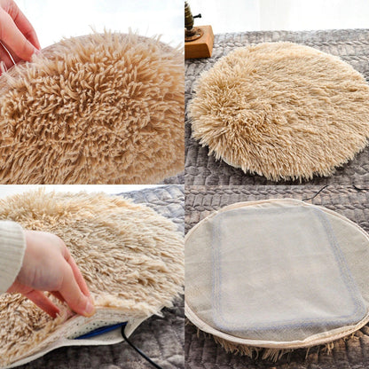 Beige, runde, flauschige Heizmatte für Katzen, weiches Plüschmaterial, ideal für Haustiere.