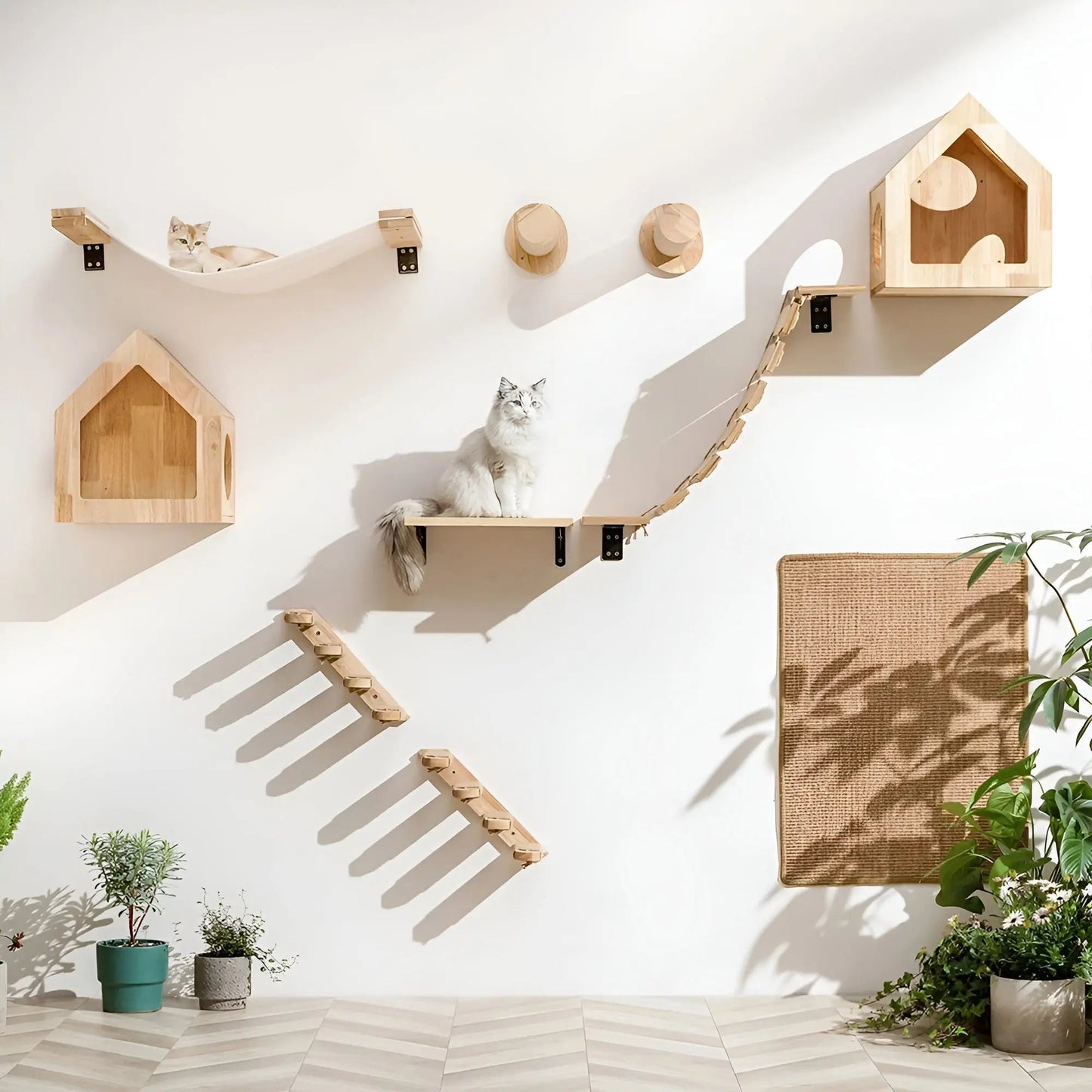 Katzenkletterwand aus Holz mit Hängematte, Plattformen und Häuschen, modernes Design.