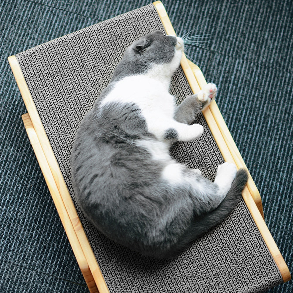 Graue Katze schläft auf Kratzbett aus Holz und Sisal, Katzenmöbel, Kratzbaum, Haustierbedarf.