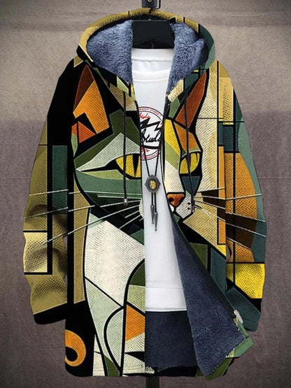 Bunte Katzen-Design-Hoodie, geometrisches Muster, warmes Futter, Unisex, modisch.