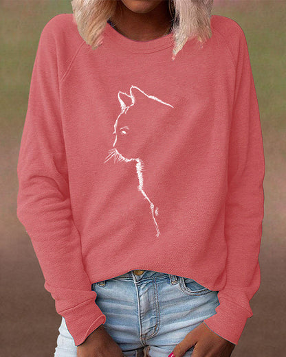 Frau in rotem Katzenpullover, lässig, Baumwolle, Damenmode, Herbstoutfit, Streetwear.