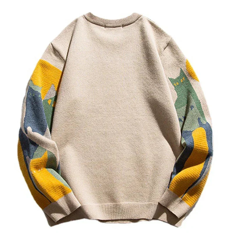 Beiger Harajuku-Pullover mit buntem Katzenmuster, Unisex, Baumwolle, modisch, lässig.