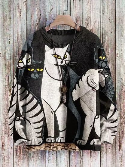 Schwarzer Pullover mit Katzenmotiv, Strick, Unisex, modisch, warm, Herbstmode, Holzoptik-Hintergrund.