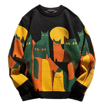 Harajuku Pullover mit Katzenmotiv, bunt, Unisex, Herbstmode, Baumwolle, Streetwear, Schwarz.