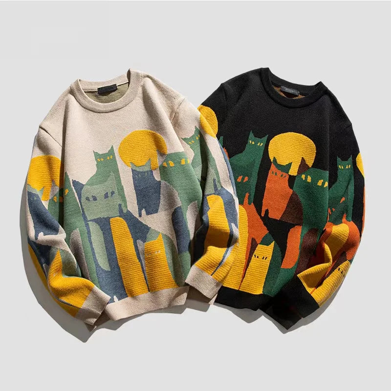 Zwei bunte Harajuku-Pullover mit Katzenmotiv, Unisex, Baumwolle, modisch, Herbstmode.