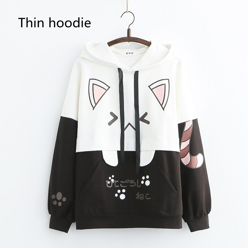 Katzen-Design Hoodie, schwarz-weiß, Kapuze, Baumwolle, Damenmode, kawaii, Herbstbekleidung